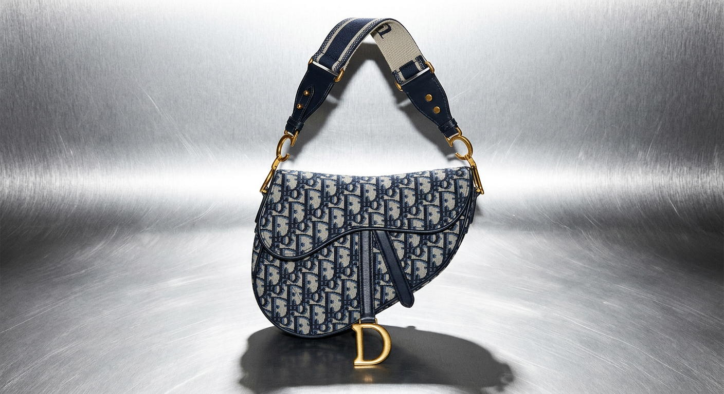 A navy oblique-jacquard saddle bag with a dangling gold D charm, shot on brushed chrome